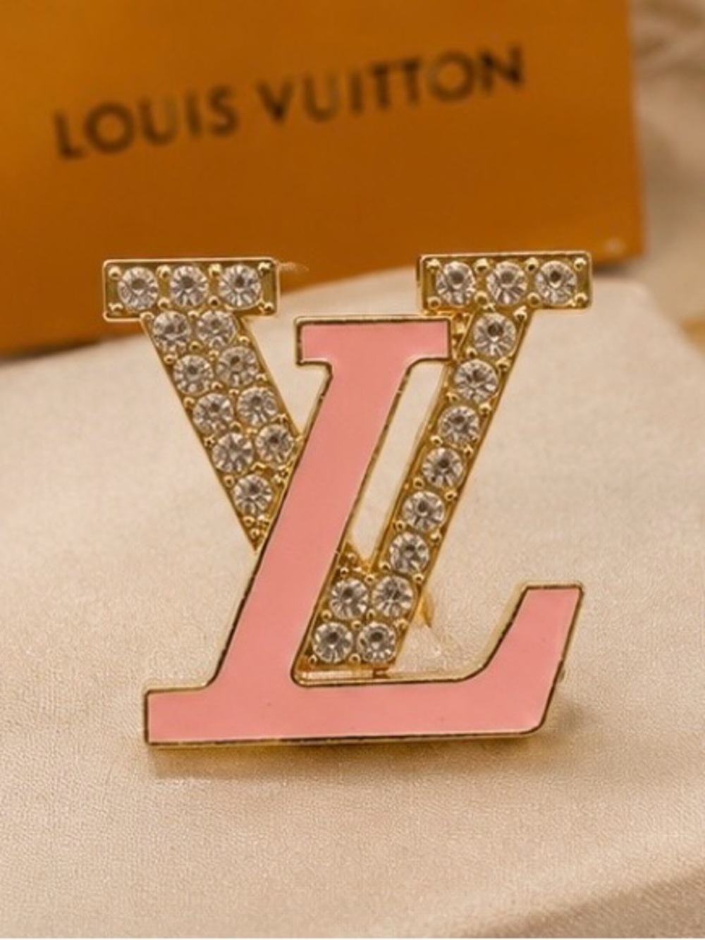 Pink & Gold-Tone Rhinestone Monogram-Style Brooch – Statement Pin